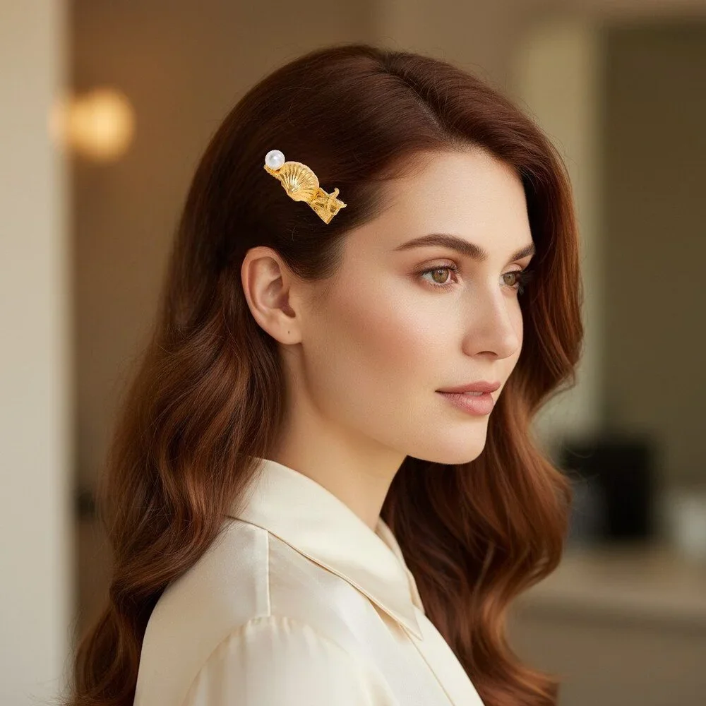 18K Gold Plated Stainless Steel Shell Starfish Pearl Hair Clip Coastal Barrette